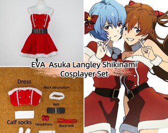 May include: A red and white cosplay set featuring a dress, calf socks, wrist ornaments, a belt, and a headpiece. The set includes a neck decoration and a transparent shoulder strap. The text "EVA Asuka Langley Shikinami Cosplayer Set" is displayed.