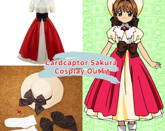 May include: A Cardcaptor Sakura cosplay outfit featuring a red and white dress, a straw hat with a black bow, and white socks. The outfit includes a dress form and a character illustration. The text on the image reads "Cardcaptor Sakura Cosplay Outfit."