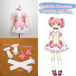 Madoka Kaname cosplay costume full set displayed on a mannequin, showcasing the complete magical girl outfit from the anime Puella Magi Madoka Magica. The outfit includes a frilly pink and white dress with puffed sleeves, red accents, and a layered skirt, along with matching gloves, socks, choker, and headwear. This costume is perfect for anime conventions, cosplay events, Halloween, or themed parties. Designed for comfort and screen-accuracy, it’s a popular choice for anime fans and gamers.