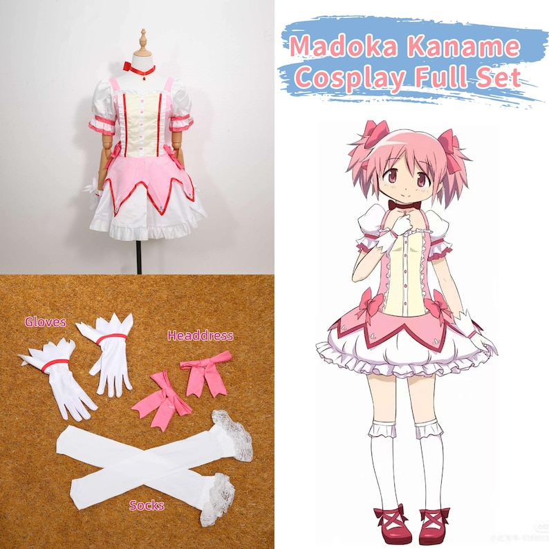 Madoka Kaname cosplay costume full set displayed on a mannequin, showcasing the complete magical girl outfit from the anime Puella Magi Madoka Magica. The outfit includes a frilly pink and white dress with puffed sleeves, red accents, and a layered skirt, along with matching gloves, socks, choker, and headwear. This costume is perfect for anime conventions, cosplay events, Halloween, or themed parties. Designed for comfort and screen-accuracy, it’s a popular choice for anime fans and gamers.