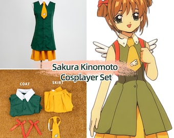 May include: Sakura Kinomoto Cosplayer Set. The set includes a green dress with a yellow skirt, a white collared coat, a yellow tie, and red hairpins. The image also shows a cartoon illustration of the character wearing the outfit.