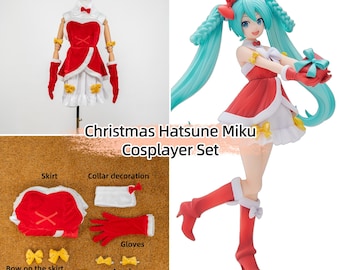 May include: A Christmas Hatsune Miku Cosplayer Set. The set includes a red and white dress, gloves, and accessories. The image also shows a figurine of Hatsune Miku in a Christmas outfit, holding a gift. The text "Christmas Hatsune Miku Cosplayer Set" is visible.