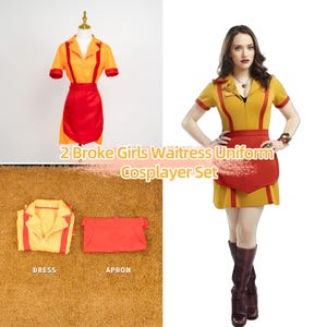 Puede incluir: Un conjunto de uniforme de camarera amarillo y rojo, que incluye un vestido y un delantal. El vestido tiene ribetes rojos y mangas cortas. El delantal es rojo. La imagen también muestra el uniforme en un maniquí y una persona que lleva el disfraz. El texto dice "2 Broke Girls Waitress Uniform Cosplayer Set."
