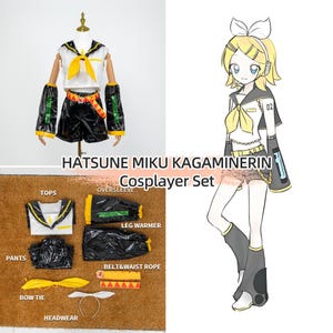 May include: A cosplay set featuring a white top with a yellow bow, black shorts, and matching arm sleeves. The set includes a bow tie, headwear, and leg warmers. The text "HATSUNE MIKU KAGAMINERIN Cosplayer Set" is displayed.
