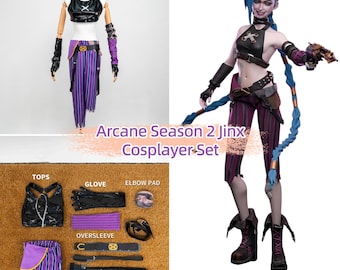 May include: A cosplay set featuring a black and purple outfit with matching accessories. The set includes a top, pants, gloves, elbow pads, and belt. The image also shows a Jinx character model with blue hair and the outfit.