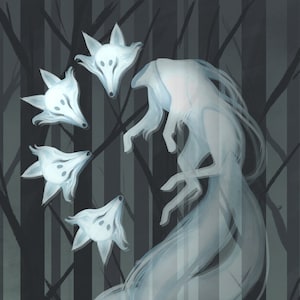 May include: A ghostly white fox with a long, flowing tail, surrounded by four smaller fox heads in a dark forest setting.