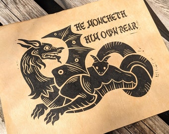 He Monchetch - Medieval Dragon Linocut Print