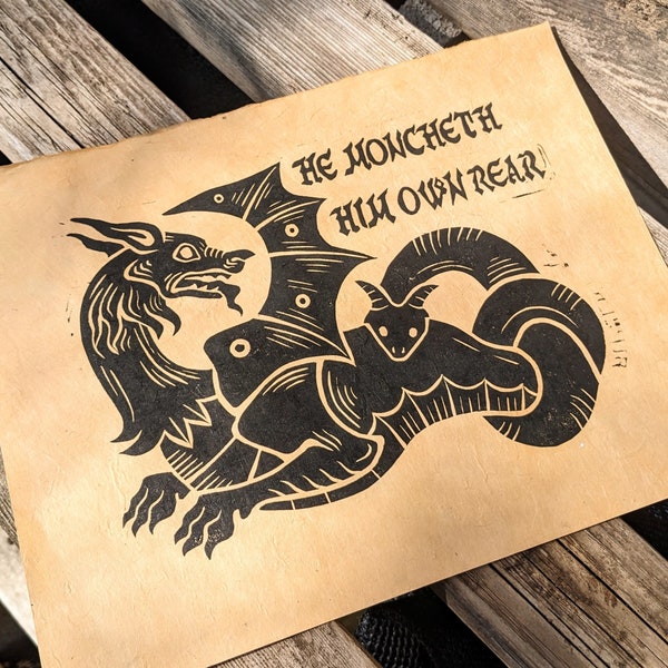He Monchetch - Medieval Dragon Linocut Print
