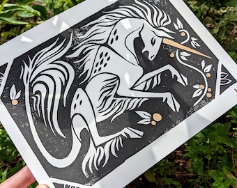 Unicorn Linocut Print