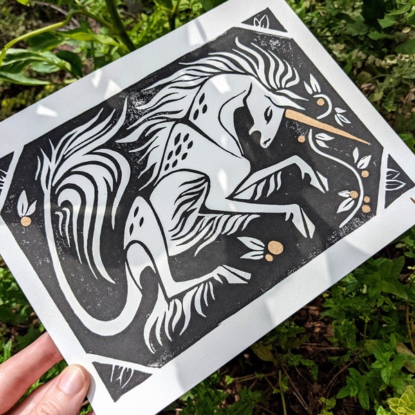 Unicorn Linocut Print