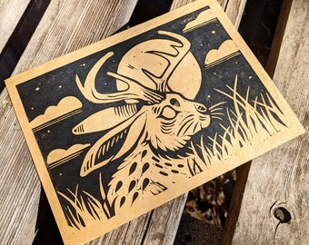 Jackalope Moon Linocut Print