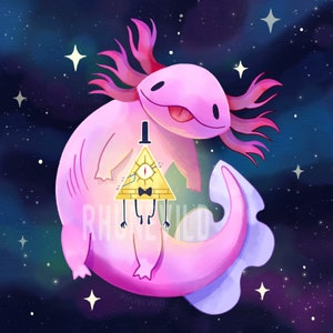 May include: A pink axolotl with a yellow triangle-shaped character with a single eye and a bow tie on its back. The axolotl is in a space-like background with stars.