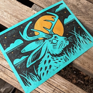 Jackalope Moon Linocut Print