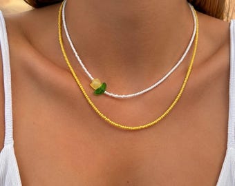 Collar doble de tulipanes amarillos | Collar floral con cuentas hecho a mano | Regalo de joyería de verano para ella | Collar floral estilo cottagecore