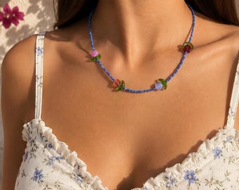 Blue Beaded Tulip Necklace | Handmade Floral Jewelry | Colorful Summer Necklace | Cottagecore Gift for Her | Made in Italy