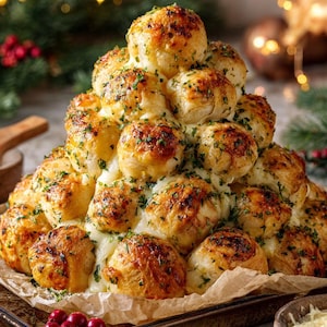 Könnte beinhalten: Eine gebackene Brotskulptur, die einem Weihnachtsbaum ähnelt, wird auf einem Backblech präsentiert. Das Brot ist goldbraun, mit geschmolzenem Käse und Kräutern belegt. Eine kleine Schüssel mit Käse und Preiselbeeren befindet sich in der Nähe.