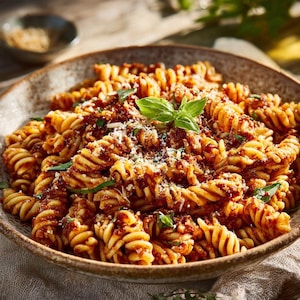 May include: A bowl of fusilli pasta with a rich red sauce, garnished with fresh basil and grated cheese. The pasta is served in a rustic, speckled ceramic bowl, suggesting a homemade meal. A fork and small bowl are visible.