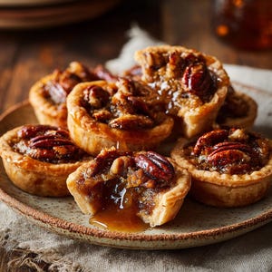 Könnte beinhalten: Ein Teller mit Mini-Pekannuss-Törtchen. Die Törtchen haben einen goldbraunen Teig und sind mit einer klebrigen, karamellfarbenen Füllung gefüllt und mit Pekannusshälften belegt. Ein Törtchen ist aufgeschnitten und gibt die Füllung frei. Der Teller steht auf Leinen.