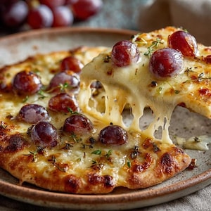 May include: A close-up of a flatbread pizza topped with melted cheese and fresh red grapes. Sprigs of thyme are scattered across the pizza. A slice is being lifted, showing the cheese stretching.