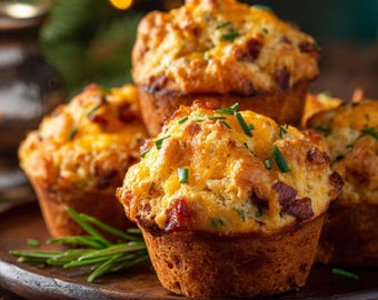 Bocados navideños de tocino, queso cheddar y cebollino: Muffins de desayuno salados (Descarga digital en PDF)