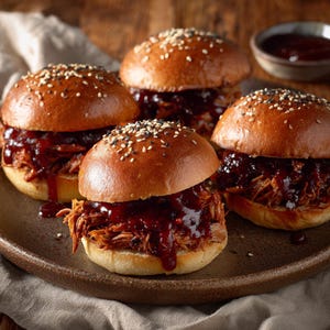 Könnte beinhalten: Vier Pulled-Pork-Slider auf einem braunen Teller. Die Slider haben Sesambrötchen und sind mit gezupftem Schweinefleisch und einer dunkelroten Barbecuesauce gefüllt. Im Hintergrund befindet sich eine kleine Schüssel mit Sauce.