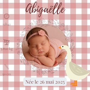Faire-part de naissance numérique personnalisable – Thème canard et vichy rose