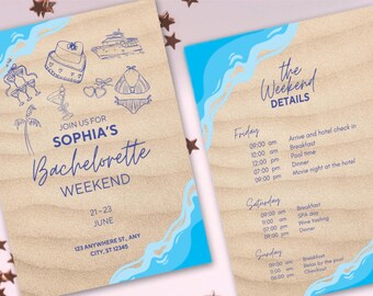 Beach Bachelorette Invitation, Bach Party Weekend Itinerary, Coast Bachelorette Invite, Bridal Editable Canva Template, Digital Party Card