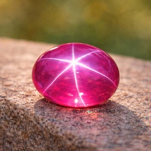 Puede incluir: Una piedra preciosa de rubí estrella pulida, tallada en cabujón. La gema es de color rosa vibrante, con un patrón de estrella de seis rayos en su superficie. El rubí está sobre una superficie de piedra texturizada, de color marrón claro.