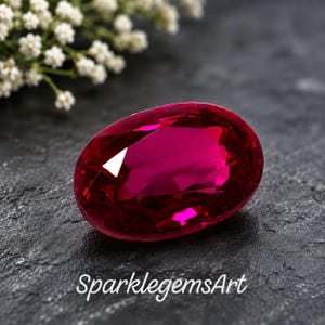 May include: An oval-cut, deep red gemstone with multifaceted surfaces that reflect light. The stone is positioned on a dark, textured surface with the text SparklegemsArt printed in white below it, and small white flowers in the upper corner.