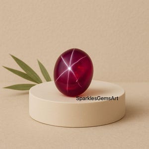 May include: A polished, oval-shaped, deep red gemstone with a six-rayed star pattern. The gem is displayed on a small, round, off-white pedestal. The text "SparklesGemsArt" is visible on the pedestal.
