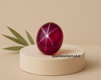 Peut inclure: Une pierre précieuse polie, de forme ovale, rouge foncé, avec un motif en étoile à six rayons. La gemme est présentée sur un petit piédestal rond blanc cassé. Le texte "SparklesGemsArt" est visible.