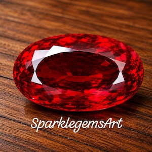 Puede incluir: Una gran gema de rubí ovalada y facetada con un tono rojo intenso. La gema refleja la luz, creando reflejos blancos brillantes. La gema está sobre una superficie de madera. El texto "SparklegemsArt" es visible.