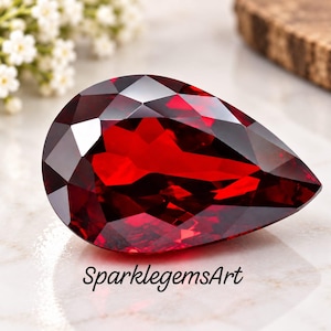 Può includere: Una gemma rosso intenso sfaccettata a forma di pera con un taglio brillante che riflette la luce sulla sua superficie. Il testo SparklegemsArt è stampato in nero sotto la pietra, posizionata su una superficie liscia di colore chiaro.