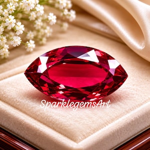 May include: A marquise-cut gemstone with a deep, vibrant red color and multifaceted surface that reflects light. The gemstone features the text SparklegemsArt printed in white script across the lower portion of its faceted surface.