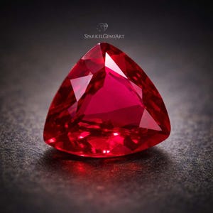 May include: A faceted, triangular-shaped ruby gemstone. The gem is a deep, vibrant red color, with multiple facets that reflect light. The gemstone is set against a dark background, highlighting its brilliance. The SparkelGemsArt logo is in the top left corner.