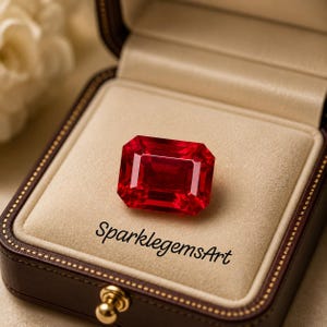 Puede incluir: Una vibrante gema roja de talla esmeralda descansa en un joyero de cuero marrón con un cierre dorado. La gema es el punto focal, reflejando la luz sobre un interior beige. El texto "SparklegemsArt" está impreso en la caja.