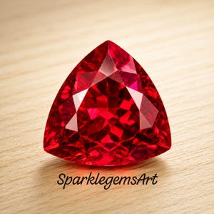 Peut inclure: Une pierre précieuse rouge vif et profonde taillée en forme triangulaire avec de multiples facettes qui reflètent la lumière. La pierre présente une teinte cramoisie saturée et brillante. Sous la pierre, le texte SparklegemsArt est imprimé.