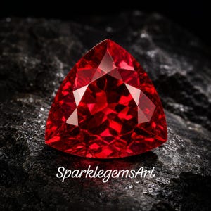 Peut inclure: Une pierre précieuse rouge vif et profonde taillée en forme triangulaire avec de multiples facettes qui reflètent la lumière. La pierre est posée sur une surface rocheuse sombre et texturée. Le texte SparklegemsArt est imprimé en blanc en bas.