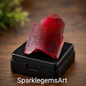 May include: A translucent, deep red, raw crystal specimen with an irregular, angular shape. The crystal is displayed resting on a black foam insert inside a small, square black plastic storage box. The text SparklegemsArt is visible below.