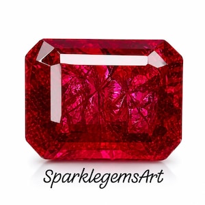 May include: A rectangular, faceted, vibrant red gemstone with a complex internal network of fine, web-like fractures and inclusions. The stone features sharp, polished edges and a brilliant, deep crimson hue. The text SparklegemsArt is below.