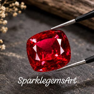 May include: A vibrant, cushion-cut red gemstone held by metal tweezers. The stone features a faceted surface that reflects light, creating deep crimson tones. The text SparklegemsArt is printed in white at the bottom of the image.