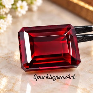 May include: A deep red, emerald-cut gemstone held by metal tweezers. The stone features a faceted surface with sharp, clean edges and a high-gloss finish. The text SparklegemsArt is printed in black below the gemstone on the surface.