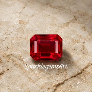 May include: A vibrant, rectangular-cut ruby gemstone. The gem is a deep, saturated red with a polished surface, set against a neutral, textured background. The text "SparklegemsArt" is visible.
