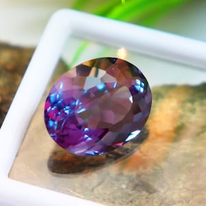 May include: A colour-shifting oval gemstone, displaying hues of purple, blue, and pink. The gem is presented in a white display case, accentuating its facets and internal brilliance. The polished surface of the gemstone reflects light, creating a captivating display.