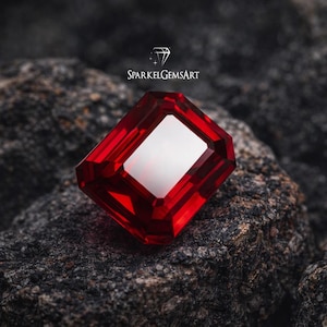 May include: A vibrant red gemstone with a rectangular emerald cut, set against a dark, textured rock background. The gem has a bright white center and is labeled with the text "SparkelGemsArt".