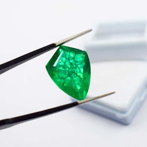 Könnte beinhalten: Ein leuchtend grüner Smaragd-Edelstein, im Smaragdschliff, wird von einer schwarzen Pinzette vor weißem Hintergrund gehalten. Der Edelstein hat innere Adern und ein durchscheinendes Aussehen. Eine weiße Schmuckschatulle befindet sich im Hintergrund.