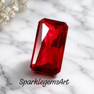 Puede incluir: Una piedra preciosa roja rectangular facetada con bordes afilados y un acabado brillante y transparente. La piedra muestra tonos carmesí profundos y reflejos de luz en su superficie. El texto SparklegemsArt está impreso en negro debajo.