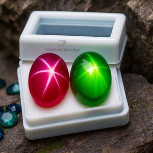 May include: Two oval gemstones, one ruby red and one emerald green, presented in a white case. Each stone features a star pattern. The case rests on a stone surface, with loose gemstones scattered nearby. The text "SPARKELGEMART" is visible on the case.