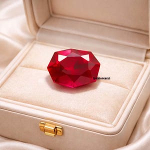 May include: A large, faceted, deep red gemstone sits in a cream-coloured jewellery box with a gold clasp. The gem has multiple facets, reflecting light. The box is lined with a soft, velvety material. The text "SparklesGemsArt" is visible.