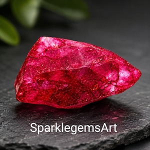 Puede incluir: Una gema de color rosa intenso, vibrante y translúcida, con una textura superficial facetada, irregular y angular. La piedra muestra fracturas internas y propiedades de reflexión de la luz. El texto SparklegemsArt está impreso en blanco debajo de la piedra.